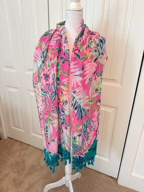 Lilly Pulitzer Pink Tropical Leaf Scarf with Teal & Lime Accents NWOT